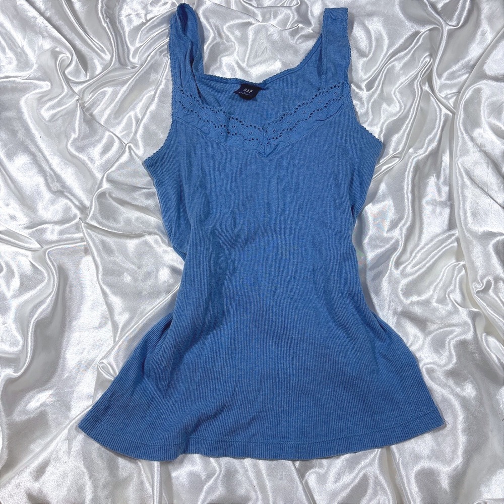 y2k Tank Top Blue Excellent Gap Ribbed Eyelet Lace Trim V-Neck Camisole Medium